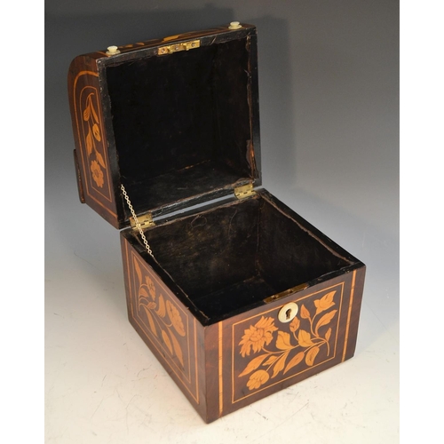 1337 - A 19th century Dutch satinwood marquetry and mahogany decanter box, profusely inlaid with a bird, fl... 