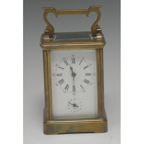 1340 - A 19th century French brass alarm carriage clock, the white dial with Roman numerals, subsidiary ala... 