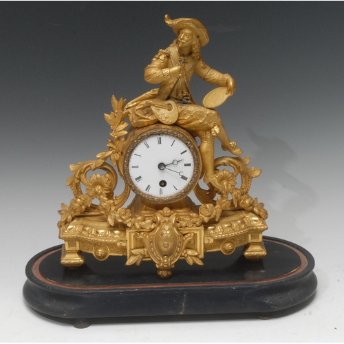 1343 - A 19th century French gilt metal mantel clock, the white enamelled dial with Roman numerals, single ... 