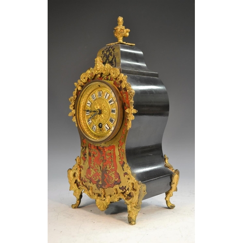 1344 - A 19th century French gilt metal mounted boulle work cartouche shaped mantel timepiece, 9cm clock di... 