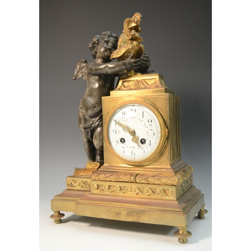 1351 - A 19th century French ormolu and bronze mantel clock, the 10cm enamelled dial with Arabic numeral wi... 