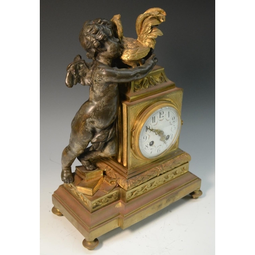 1351 - A 19th century French ormolu and bronze mantel clock, the 10cm enamelled dial with Arabic numeral wi... 