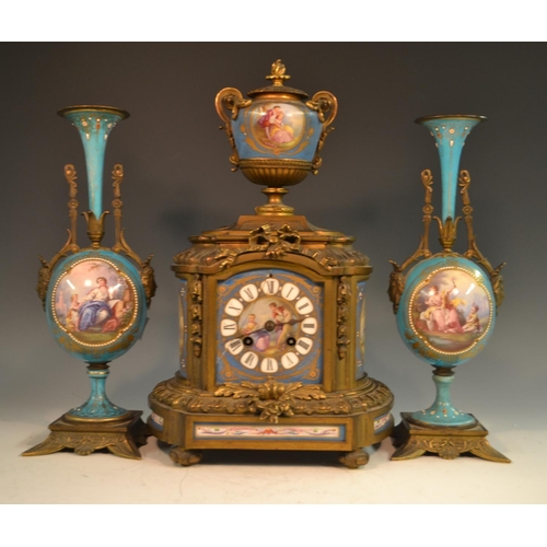 1354 - A 19th century French Sevres style clock garniture, the enamelled dial with Roman numerals, blue cel... 