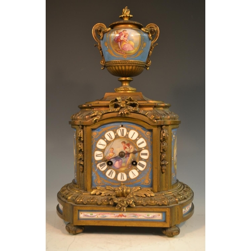 1354 - A 19th century French Sevres style clock garniture, the enamelled dial with Roman numerals, blue cel... 