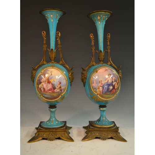 1354 - A 19th century French Sevres style clock garniture, the enamelled dial with Roman numerals, blue cel... 