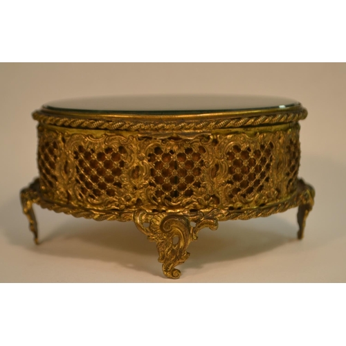 1356 - A 19th century gilt metal and spinach jade oval casket, hinged cover, the side pierced and chased wi... 