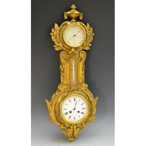 1358 - A 19th century gilt metal wall hanging combination clock, barometer and thermometer, retailed by J J... 