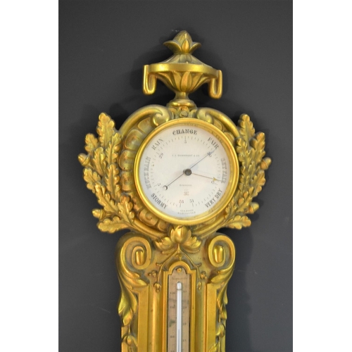 1358 - A 19th century gilt metal wall hanging combination clock, barometer and thermometer, retailed by J J... 