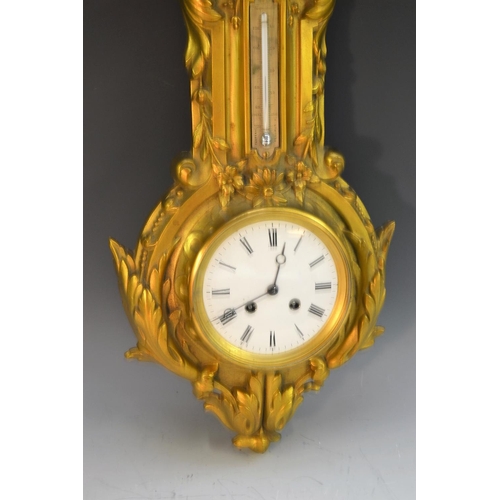 1358 - A 19th century gilt metal wall hanging combination clock, barometer and thermometer, retailed by J J... 