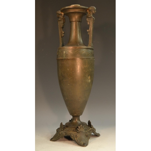 1364 - A 19th century Grecian Revival brown patinated bronze table lamp, of loutrophoros form, figural hand... 