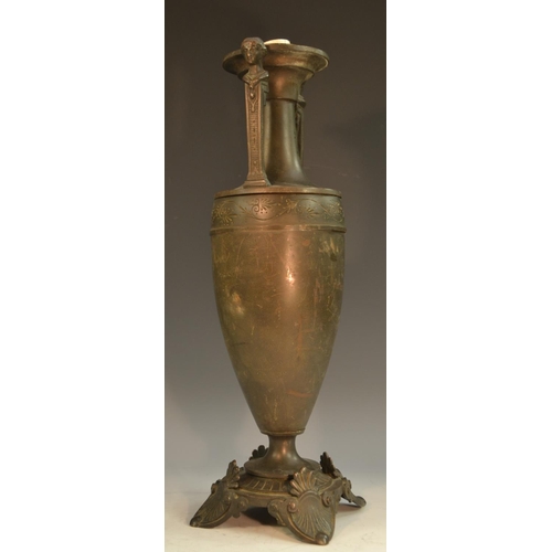 1364 - A 19th century Grecian Revival brown patinated bronze table lamp, of loutrophoros form, figural hand... 