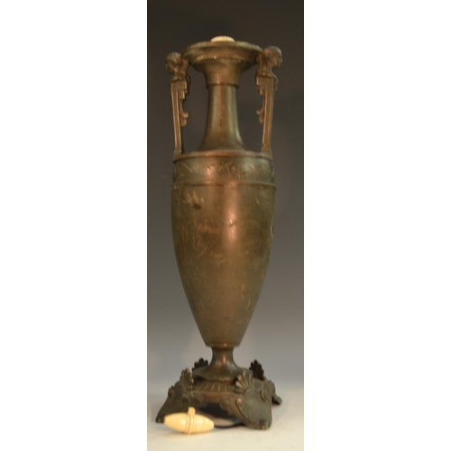 1364 - A 19th century Grecian Revival brown patinated bronze table lamp, of loutrophoros form, figural hand... 