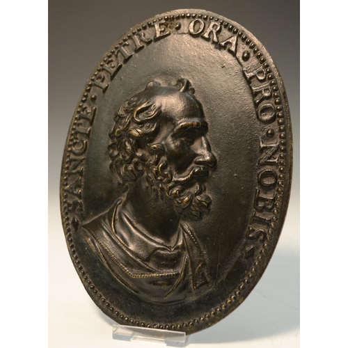 1366 - A 19th century Italian bronze plaque of St Peter, inscribed Sancte Petre Ora Pro Nobis, 18.5cm x 14c... 