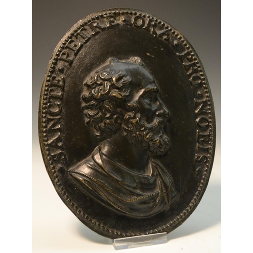 1366 - A 19th century Italian bronze plaque of St Peter, inscribed Sancte Petre Ora Pro Nobis, 18.5cm x 14c... 