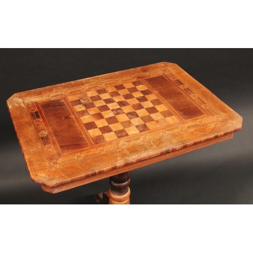 1369 - A 19th century Italian marquetry canted rectangular pedestal games table, inlaid for chess within a ... 