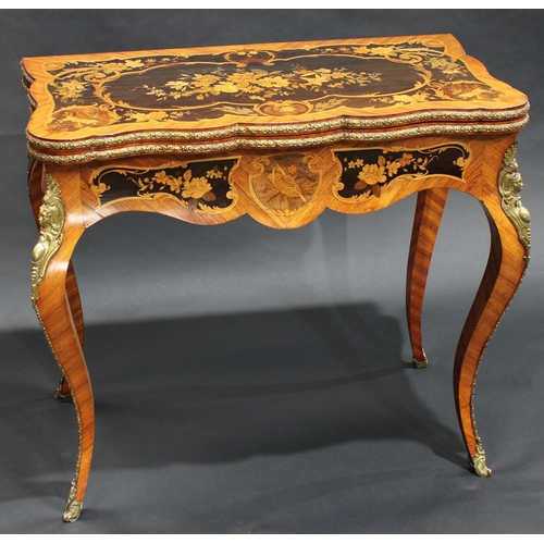 1371 - A 19th century Louis XV Revival gilt metal mounted kingwood and marquetry shaped rectangular card ta... 