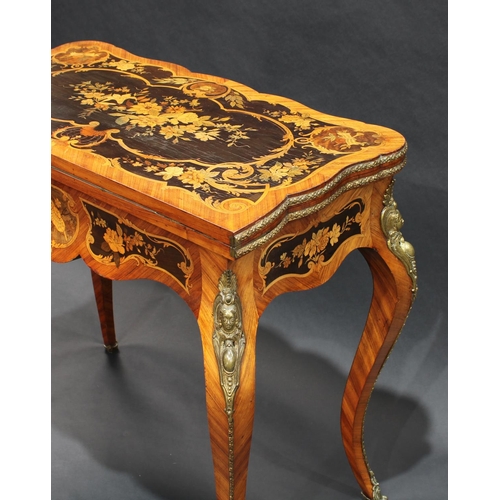 1371 - A 19th century Louis XV Revival gilt metal mounted kingwood and marquetry shaped rectangular card ta... 