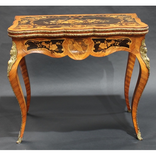 1371 - A 19th century Louis XV Revival gilt metal mounted kingwood and marquetry shaped rectangular card ta... 