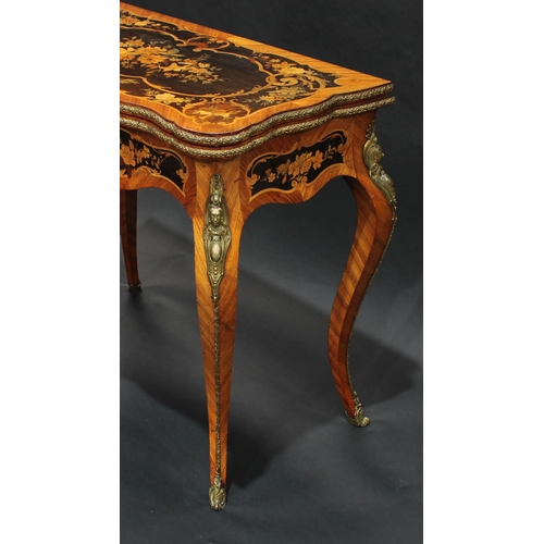 1371 - A 19th century Louis XV Revival gilt metal mounted kingwood and marquetry shaped rectangular card ta... 