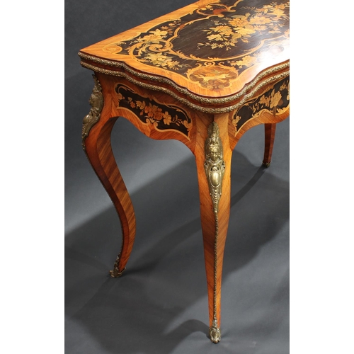 1371 - A 19th century Louis XV Revival gilt metal mounted kingwood and marquetry shaped rectangular card ta... 