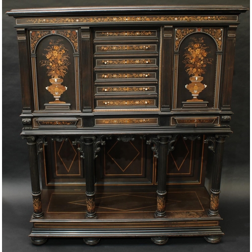 1381 - A 19th century marquetry 'Wunderkammer' side cabinet, moulded top above an architectural arrangement... 