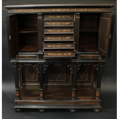 1381 - A 19th century marquetry 'Wunderkammer' side cabinet, moulded top above an architectural arrangement... 