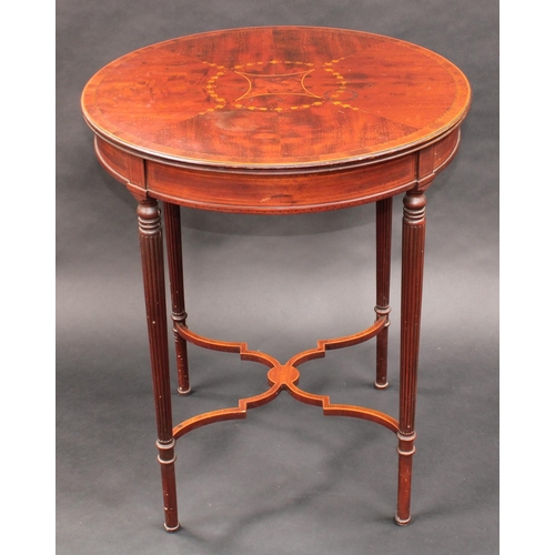 1385 - A Sheraton Revival mahogany and marquetry circular centre table, quarter-veneered top inlaid with be... 