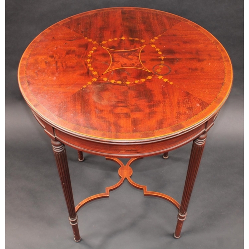 1385 - A Sheraton Revival mahogany and marquetry circular centre table, quarter-veneered top inlaid with be... 