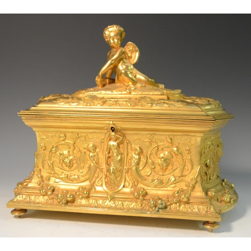 1388 - A 19th century ormolu rectangular casket, cast with classical figures and acanthus scrolls and fruit... 