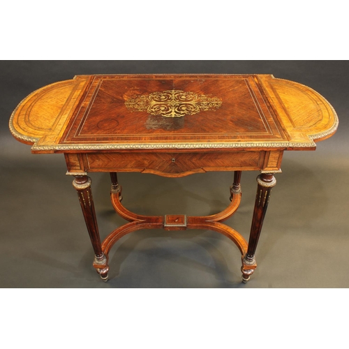 1393 - A 19th century rosewood and brass marquetry centre table, the quarter veneered top with fall leaves,... 