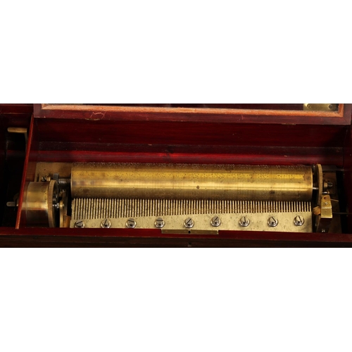 1398 - A 19th century Swiss rosewood music box, 33cm cylinder playing eight airs on a one piece comb, crank... 