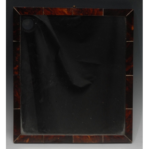 1399 - A 19th century tortoiseshell looking-glass, rectangular mirror plate, the frame veneered, crested by... 