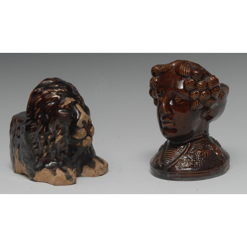 14 - A 19th century Staffordshire treacle glazed sash window supports, as a curly haired gentleman, 12.5c... 
