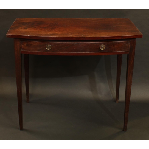 1400 - A George III/IV mahogany bow fronted side table, oversailing top above a frieze drawer, tapered squa... 