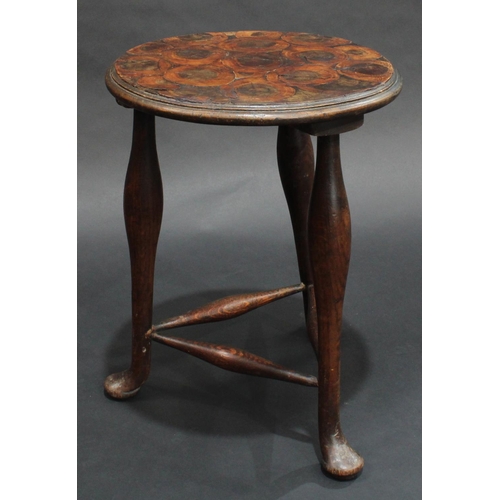 1401 - A '19th century' triform stool, circular laburnum oyster veneer top, straightened cabriole legs, pad... 