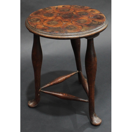 1401 - A '19th century' triform stool, circular laburnum oyster veneer top, straightened cabriole legs, pad... 