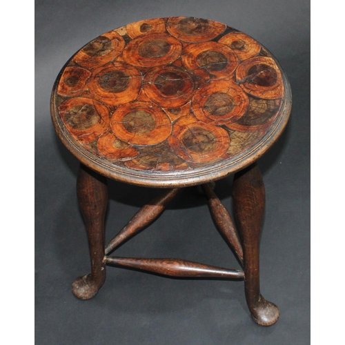 1401 - A '19th century' triform stool, circular laburnum oyster veneer top, straightened cabriole legs, pad... 