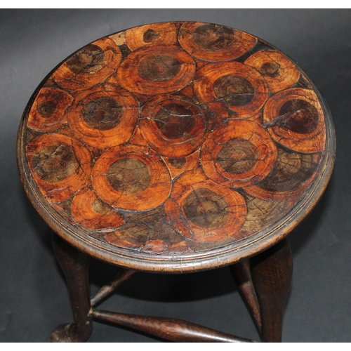 1401 - A '19th century' triform stool, circular laburnum oyster veneer top, straightened cabriole legs, pad... 