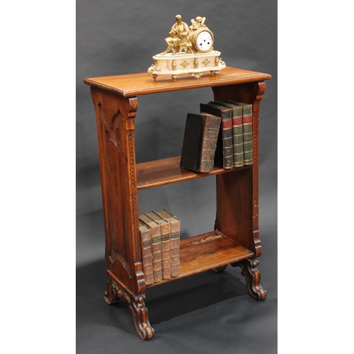 1406 - A 19th century walnut maitre d' stand, rectangular top above a two shelf bookcase undertier, shaped ... 