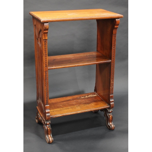 1406 - A 19th century walnut maitre d' stand, rectangular top above a two shelf bookcase undertier, shaped ... 