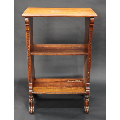 1406 - A 19th century walnut maitre d' stand, rectangular top above a two shelf bookcase undertier, shaped ... 