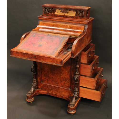 1425 - A Victorian burr walnut piano top Davenport desk, rectangular top with pop-up mechanism operated by ... 