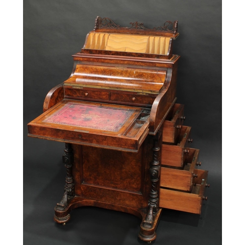 1425 - A Victorian burr walnut piano top Davenport desk, rectangular top with pop-up mechanism operated by ... 