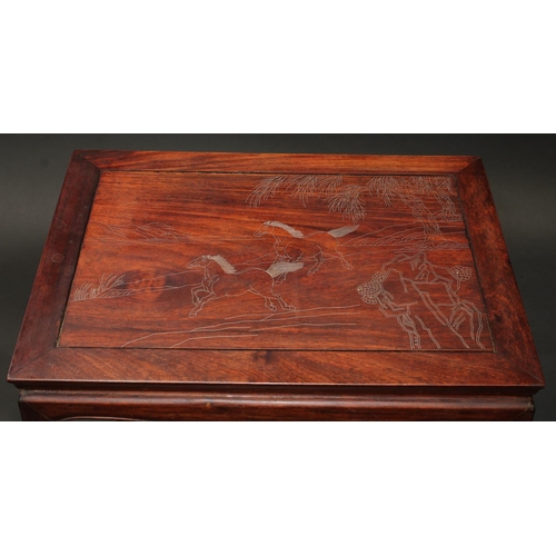 1427 - A Chinese hardwood occasional table, rectangular top inlaid in silvered wire with horses, shaped apr... 