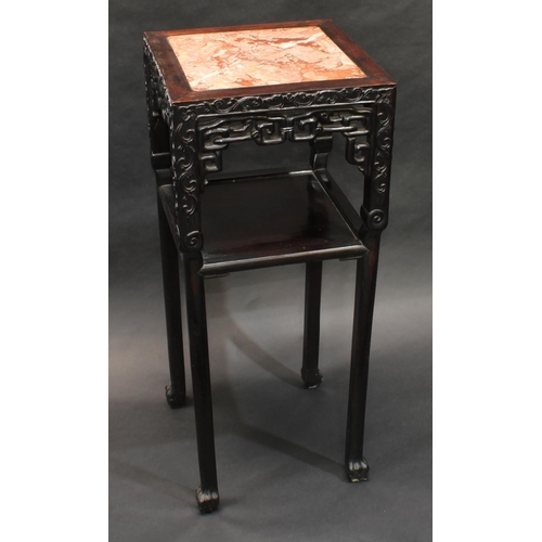 1432 - A Chinese hardwood square jardiniere stand, inset soapstone panel above a shaped frieze pierced and ... 