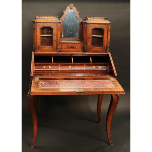 1450 - A Victorian Franglais gilt metal mounted walnut and marquetry bonheur du jour, the shaped superstruc... 