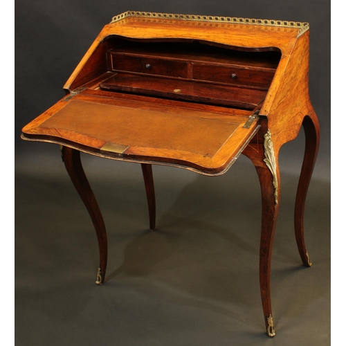 1460 - A 19th century French gilt metal mounted rosewood and marquetry bureau du dame, fall front inlaid wi... 