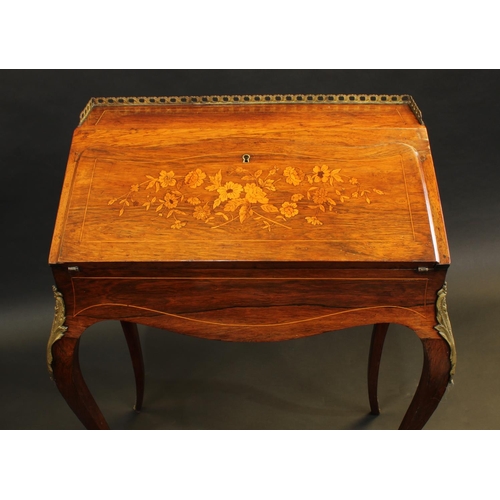 1460 - A 19th century French gilt metal mounted rosewood and marquetry bureau du dame, fall front inlaid wi... 