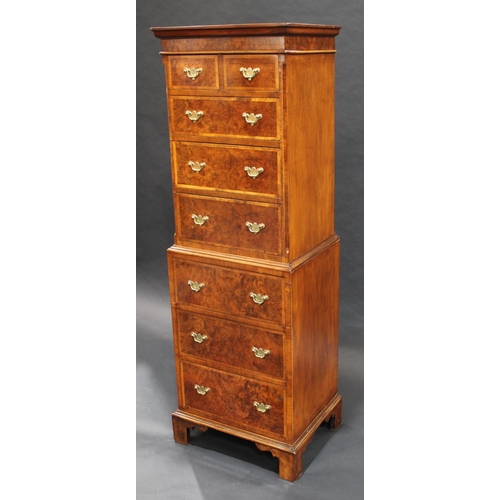 1473 - A George I style crossbanded walnut chest on chest, of small and narrow proportions, outswept cornic... 