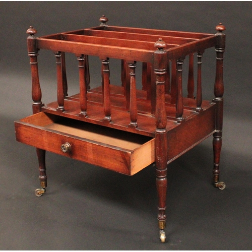 1492 - A George III design mahogany rectangular three-section Canterbury, drawer to frieze, turned tapered ... 